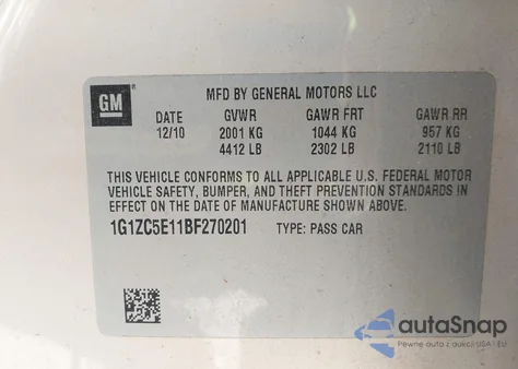 2011 Chevrolet Malibu 1Lt z USA, uszkodzony, nr VIN 1G1ZC5E11BF270201